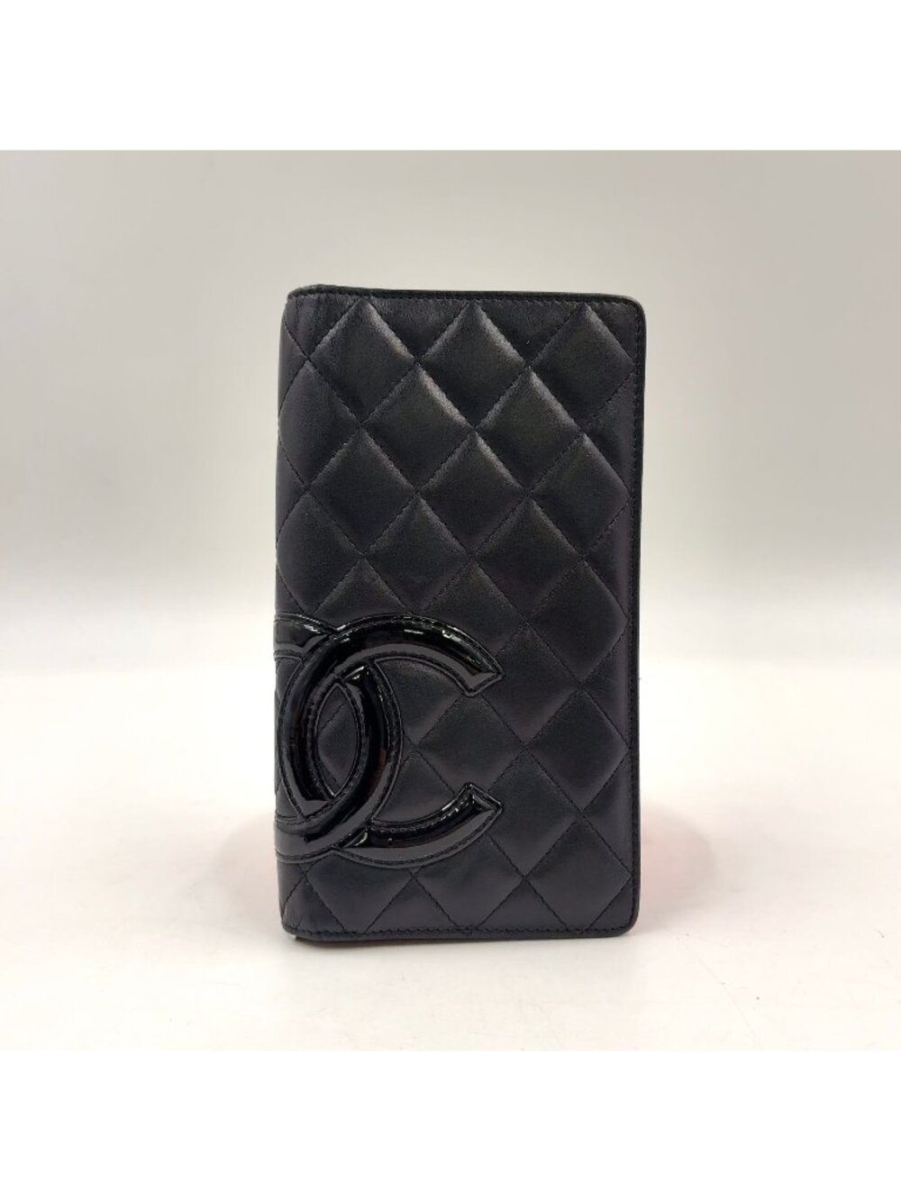 Chanel Cambon Line CC Logo Patent Leather Pink Black Bifold Wallet Silver